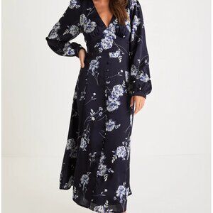 Beautiful Details Navy Blue Floral Long Sleeve Midi Dress